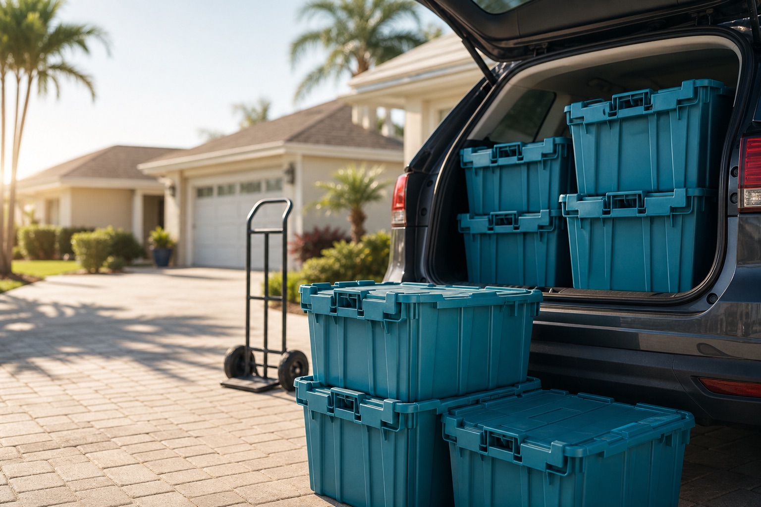 Stacked blue moving totes loaded in the back of an SUV
