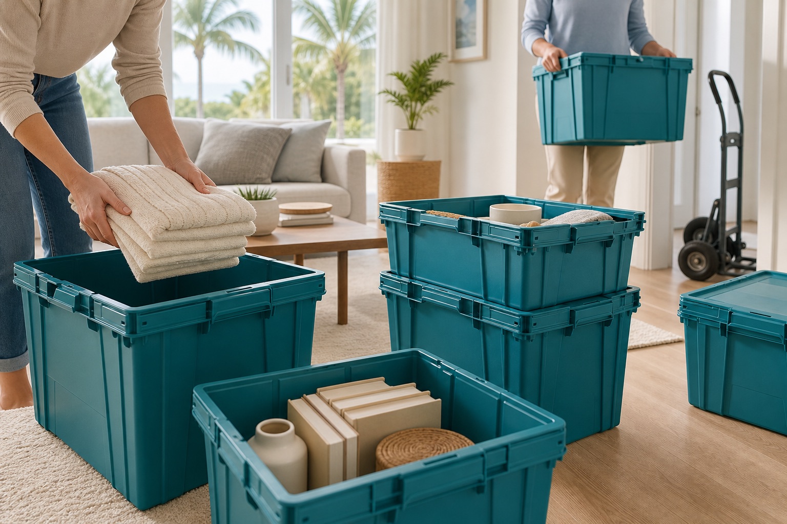Reusable moving totes being packed in a bright Tampa Bay living room